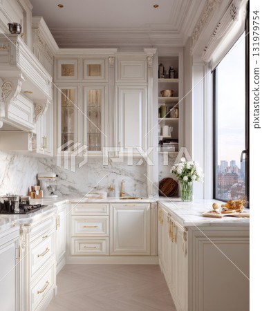 Exquisite Neoclassical and French Provincial Style Luxury Kitchen Interior Design Featuring Custom White Cabinets with Gilded Accents, Elegant Marble Countertops and Backsplash 131979754