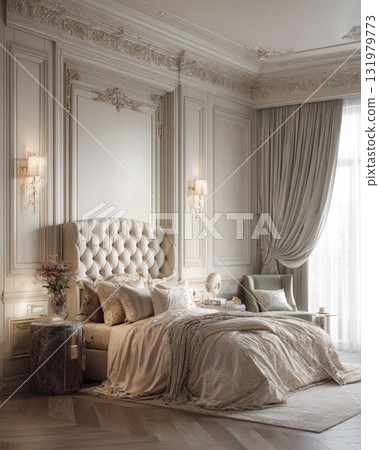 A stunning, luxurious bedroom rendered in soft, neutral tones. The space is defined by neoclassical elegance, featuring ornate wall paneling and molding, a tufted velvet headboard, rich silk bedding 131979773