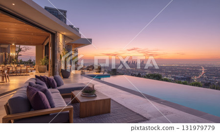 Luxurious Hilltop Mansion Terrace with Infinity Pool Overlooking the Vibrant Los Angeles Cityscape at a Breathtaking Sunset Hour, Epitomizing Exclusive Real Estate and High-End Lifestyle 131979779