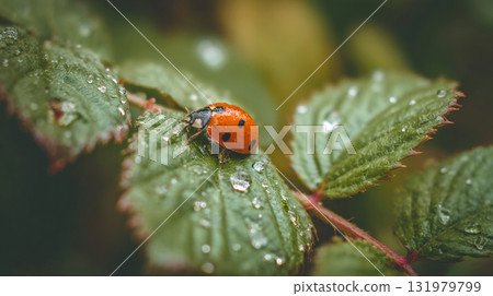 Macro Close-Up of a Vibrant Red and Black-Spotted Ladybug Resting on a Textured Green Leaf Covered in Sparkling Morning Dew or Rain Droplets - Symbolizing Nature, Pest Control, Ecology, and Springtime Macro Close-Up of a Vibrant Red and Black-Spotted Ladybug Resting on a Textured Green Leaf Covered in Sparkling Morning Dew or Rain Droplets - Symbolizing Nature, Pest Control, Ecology, and Springtime 131979799