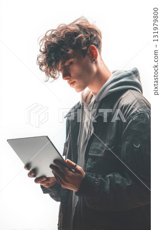 A brooding young man with dark, curly hair in casual, urban attire hoodie and dark jacket is intently focused on a black digital tablet he holds in his hands. Bright background accentuates his profile A brooding young man with dark, curly hair in casual, urban attire hoodie and dark jacket is intently focused on a black digital tablet he holds in his hands. Bright background accentuates his profile 131979800