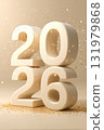 Number 2026 made of white digits with golden confetti on neutral background 131979868