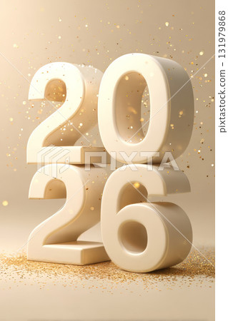 Number 2026 made of white digits with golden confetti on neutral background 131979868