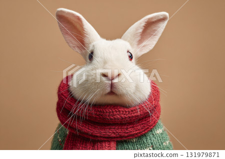 White rabbit in knitted festive sweater on beige background 131979871