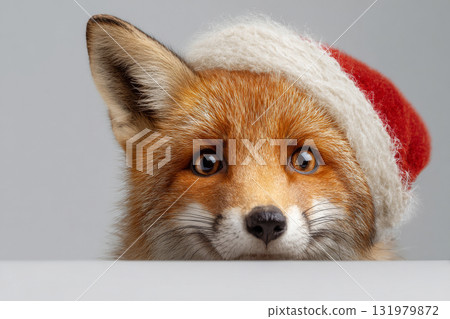 Cute fox wearing Santa hat looking into camera 131979872