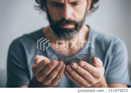 Worried man holding fallen hair in hands 131979873