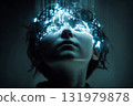 Human face with glowing digital network and data streams 131979878