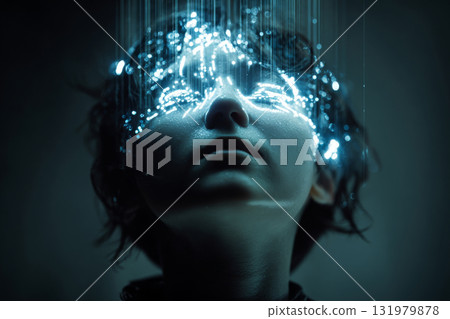 Human face with glowing digital network and data streams 131979878
