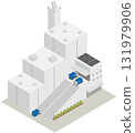[Isometric] Illustration of a city waste disposal facility (incineration plant) (huge chimney and infrastructure equipment) 131979906