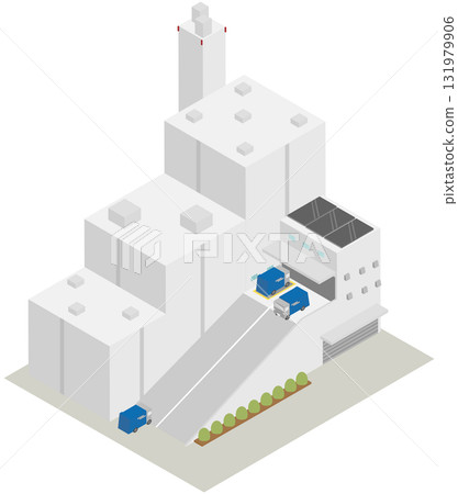 [等距] 都市垃圾處理設施（焚化廠）的插圖（巨大的煙囪和基礎設施設備） 131979906