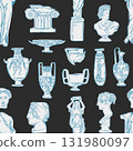 Hand drawn vector abstract graphic, greek ancient sculpture statues and column line art modern seamless pattern.Antique graffiti psychedelic sculpture in trendy style.Antique statue design background. 131980097