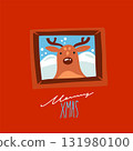 Hand drawn vector abstract graphic Merry Christmas and Happy new year illustrations greeting card with small deer and winter outdoor landscape. Merry Christmas cute design background concept card. 131980100