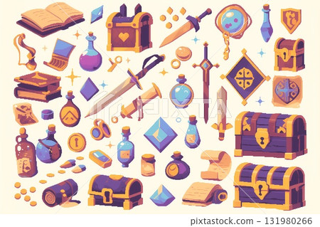 奇幻 RPG 武器和物品圖標集(劍、盾、藥水、魔法) 奇幻 RPG 武器和物品圖標集(劍、盾、藥水、魔法) 131980266