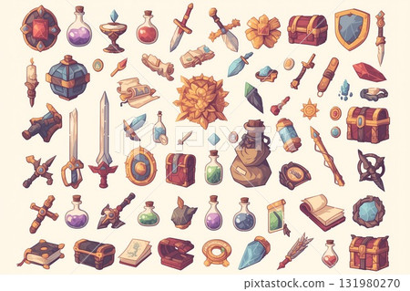 奇幻 RPG 武器和物品圖標集(劍、盾、藥水、魔法) 奇幻 RPG 武器和物品圖標集(劍、盾、藥水、魔法) 131980270