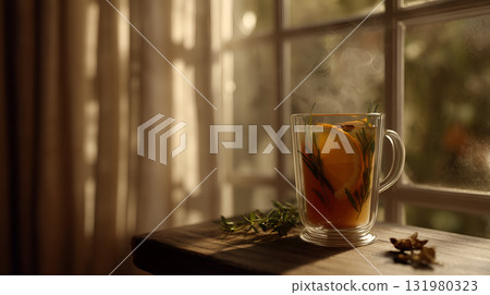 Steaming Citrus Herbal Tea in Glass Mug on Wooden Surface Near Sunlit Window 131980323