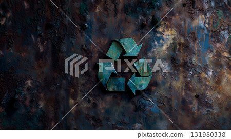 Rusted Metal Surface with Recessed Recycling Symbol and Oxidized Texture 131980338