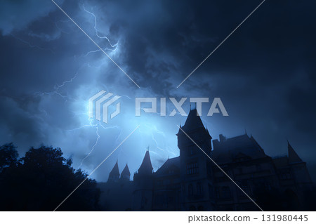 Spooky old castle illuminated by lightning. Stormy night horror background 131980445