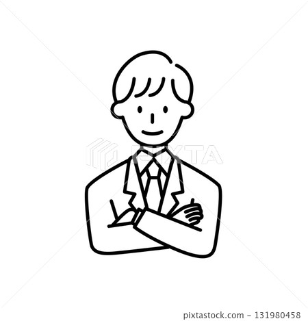 一位身穿西裝、雙臂交叉的男子的線條畫，擺著商務、商人的姿勢 131980458
