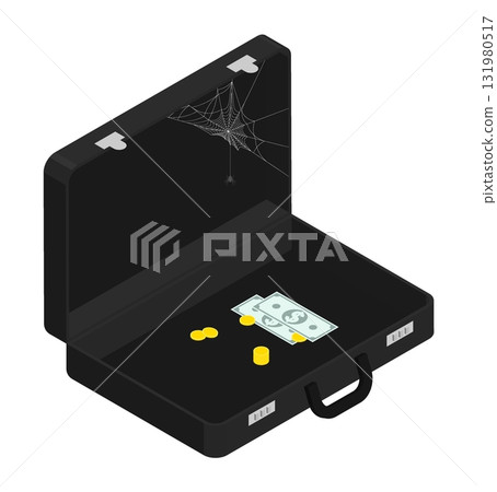 Isometric empty suitcase with some money left at bottom. Losses from high inflation and devaluation of national currency. Isolated cartoon vector on white background top view 131980517