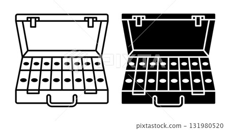 Linear icon. Open leather suitcase filled with stacks of American dollars in cash. Simple black and white vector isolated on white background Linear icon. Open leather suitcase filled with stacks of American dollars in cash. Simple black and white vector isolated on white background 131980520