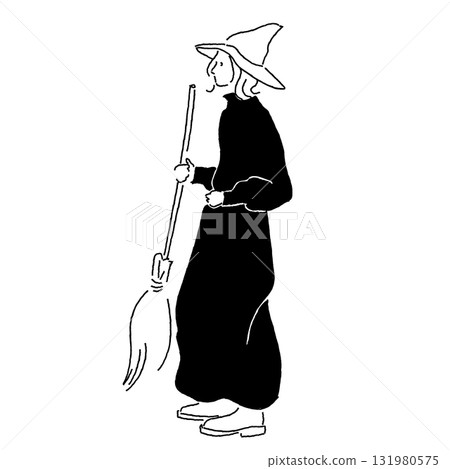 女巫裝扮的女人的線條畫(單色,萬聖節) 女巫裝扮的女人的線條畫(單色,萬聖節) 131980575