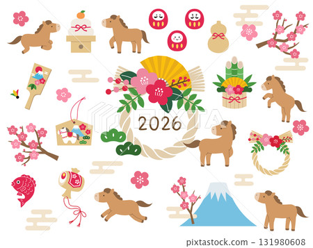 A vector illustration set of cute New Year's materials for the Year of the Horse 2026. Horse, New Year's card, New Year, lucky charm, zodiac sign 131980608