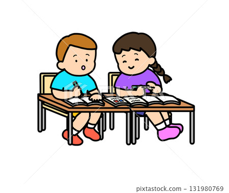 A pair of brown-haired Asians looking at a textbook A pair of brown-haired Asians looking at a textbook 131980769