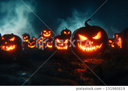 黑暗中一排令人毛骨悚然的南瓜燈。萬聖節夜景。 131980819