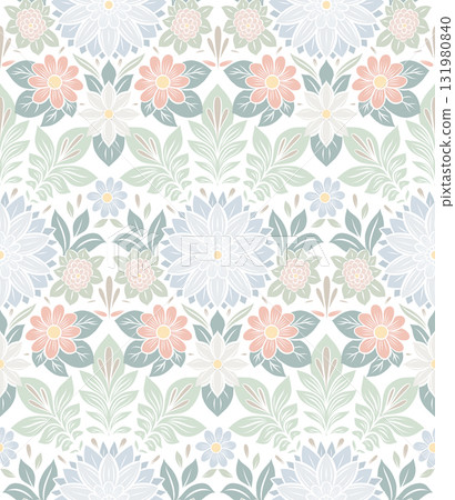 Vector gentle seamless pattern with decorative flowers and leaves on white background. Detailed in folk ornamental style 131980840