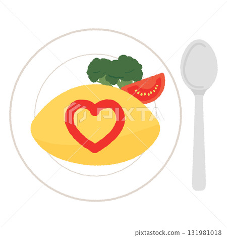 煎蛋飯和心形番茄醬的可愛插圖。 131981018