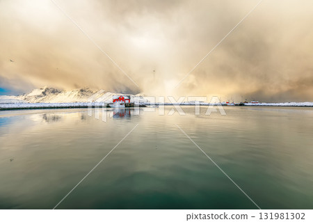 Amazing morning view of small fishing village Ramberg at sunrise. 131981302
