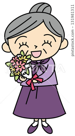 Vector illustration of a smiling grandmother holding a bouquet of flowers with a cute touch Vector illustration of a smiling grandmother holding a bouquet of flowers with a cute touch 131981311