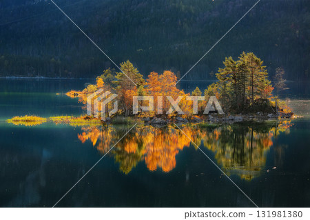 Amazing autumn  landscape of islands with pine-trees in the middle of Eibsee lake. 131981380