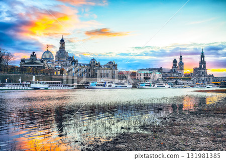 Amazing Sunset in Dresden on Elbe river with Cathedral of the Holy Trinity and Bruehl's Terrace. Amazing Sunset in Dresden on Elbe river with Cathedral of the Holy Trinity and Bruehl's Terrace. 131981385
