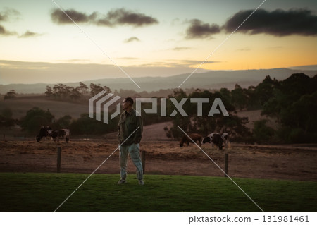 A Contemplative Moment at Sunset with Grazing Cows in the Background A Contemplative Moment at Sunset with Grazing Cows in the Background 131981461