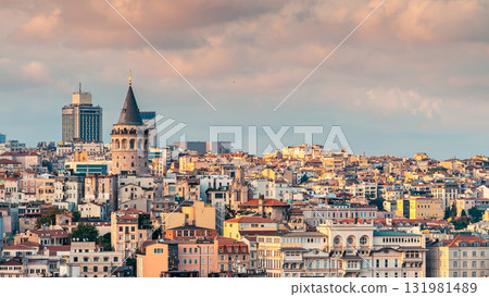Beautiful view of Galata tower through Bosphorus strait at sunset Beautiful view of Galata tower through Bosphorus strait at sunset 131981489