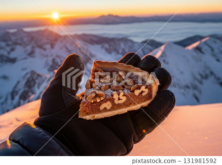 Hiker eating a walnut tart on a snowy mountain top during a beautiful winter sunrise Hiker eating a walnut tart on a snowy mountain top during a beautiful winter sunrise 131981592