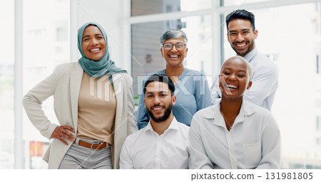 Business people, portrait and smile with team, diversity and employee solidarity in modern office. Men, women and happy together in workplace, community and support with friends at financial agency 131981805