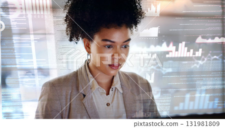 Business woman, digital overlay and data analytics for social media marketing, web 3.0 strategy and website statistics. Professional african analyst with graphs, charts and target audience research Business woman, digital overlay and data analytics for social media marketing, web 3.0 strategy and website statistics. Professional african analyst with graphs, charts and target audience research 131981809