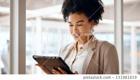 Happy business woman, tablet and research in schedule planning, strategy or networking at office. Female person or employee smile with technology for data, communication or project plan at workplace Happy business woman, tablet and research in schedule planning, strategy or networking at office. Female person or employee smile with technology for data, communication or project plan at workplace 131981819