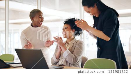 Business women, winner and applause on computer for news, bonus or achievement in marketing project. Professional group or team for congratulations, success and clapping for startup goals or results Business women, winner and applause on computer for news, bonus or achievement in marketing project. Professional group or team for congratulations, success and clapping for startup goals or results 131981822