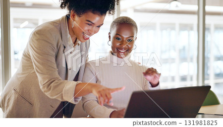 Business women, manager and collaboration on laptop for copywriting ideas, marketing project and team editing. Professional editor and writer working together on computer or newsletter presentation 131981825
