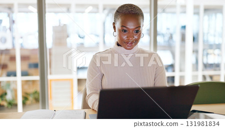 Email, laptop and management with business woman research for social media news, digital marketing or planning. Typing, strategy and agenda with African employee for idea, contact or analytics 131981834