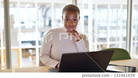 Connection, laptop and working with business woman research for social media news, digital marketing or planning. Typing, strategy and agenda with African employee for idea, contact or analytics 131981839