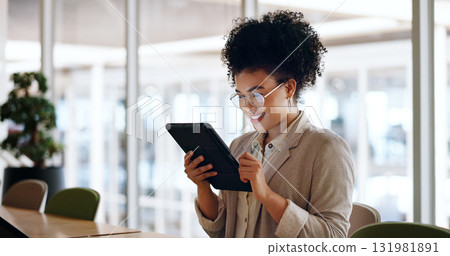 Tablet, business or happy woman on social media for networking or update on website in office. Research, blog or worker with technology for online communication, chat or project schedule with glasses Tablet, business or happy woman on social media for networking or update on website in office. Research, blog or worker with technology for online communication, chat or project schedule with glasses 131981891
