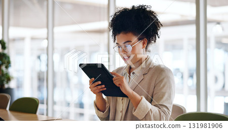 Tablet, search or business woman on social media for update or networking on website in office. Company, blog or worker with technology for online communication, chat or project schedule with glasses 131981906