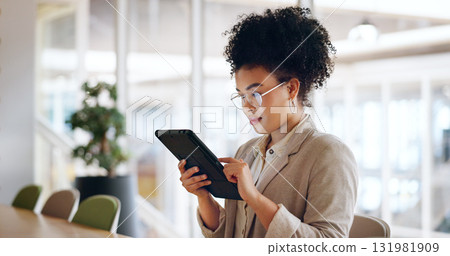 Tablet, research and business woman in office, typing on internet and networking online. Technology, African professional consultant reading email at desk and communication to scroll on digital app. Tablet, research and business woman in office, typing on internet and networking online. Technology, African professional consultant reading email at desk and communication to scroll on digital app. 131981909