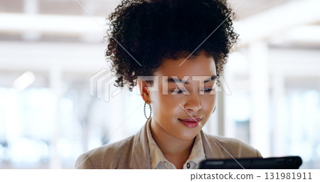 Tablet, research or business woman on social media for update or networking on website in office. Company, blog or worker with technology for online email communication, chat or project schedule Tablet, research or business woman on social media for update or networking on website in office. Company, blog or worker with technology for online email communication, chat or project schedule 131981911