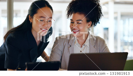 Women, laptop and corporate lawyer team, research at desk for legal project and online data analysis at office. Attorney with tech, collaboration and plan strategy for court with review at law firm Women, laptop and corporate lawyer team, research at desk for legal project and online data analysis at office. Attorney with tech, collaboration and plan strategy for court with review at law firm 131981913