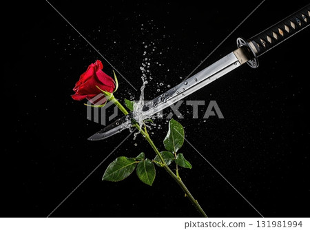 Japanese tanto blade cutting a red rose flower and creating a dynamic water splash in motion Japanese tanto blade cutting a red rose flower and creating a dynamic water splash in motion 131981994